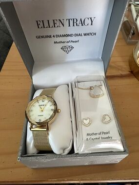 Ellen Tracy Gold Mesh Strap Watch with Mother-of-Pearl Dial and Heart Jewelry